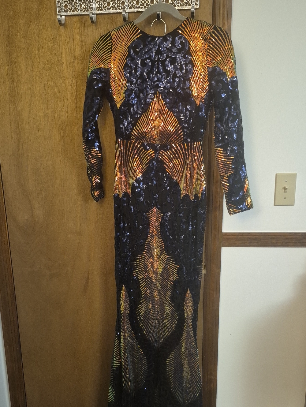 Long Sleeve Navy and Orange Sequin Evening Dress